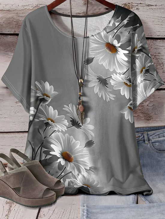 Women Floral Short Sleeve Tee T-shirt Crew Neck Printing Casual Summer Graphic Tee Top