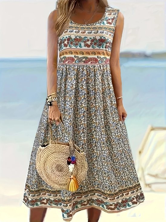 Women Floral Sleeveless Summer Dress Crew Neck Daily Casual Maxi A-Line Dress