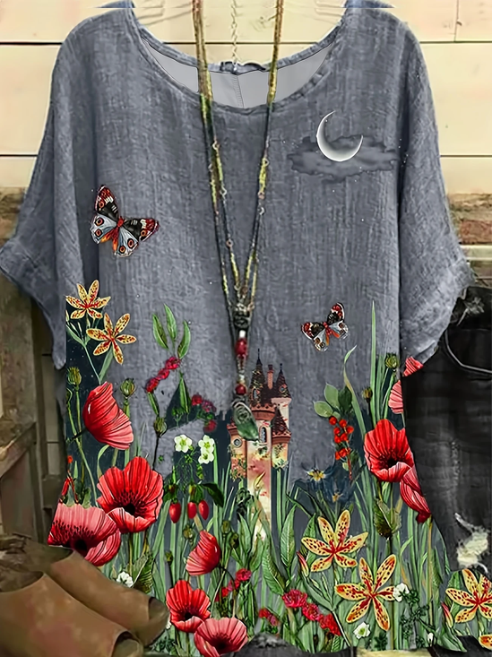 Women Floral Short Sleeve Tee T-shirt Crew Neck Printing Casual Summer Graphic Tee Top