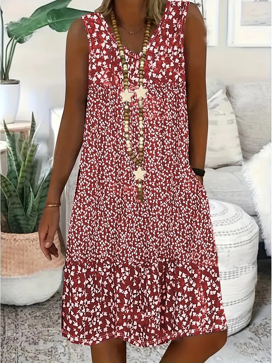 Women Floral Sleeveless Summer Dress V Neck Daily Casual Midi A-Line Dress