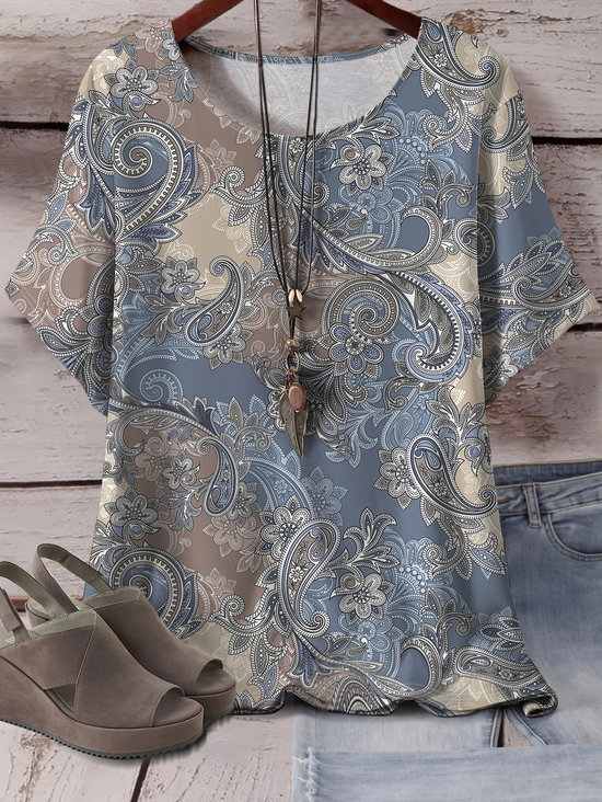 Women Floral Short Sleeve Tee T-shirt Crew Neck Printing Casual Summer Graphic Tee Top