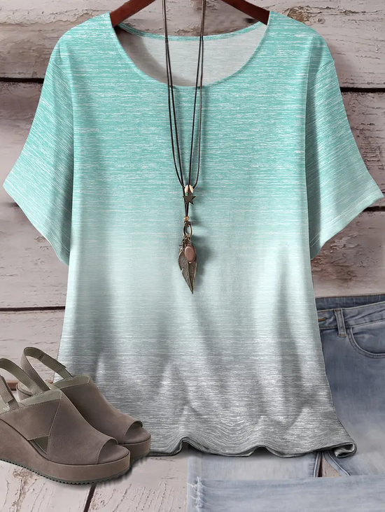 Women Ombre Short Sleeve Tee T-shirt Crew Neck Printing Casual Summer Graphic Tee Top