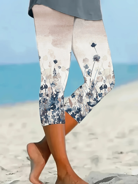 Women Floral Capris Elastic Waist Pants Casual Summer Trousers
