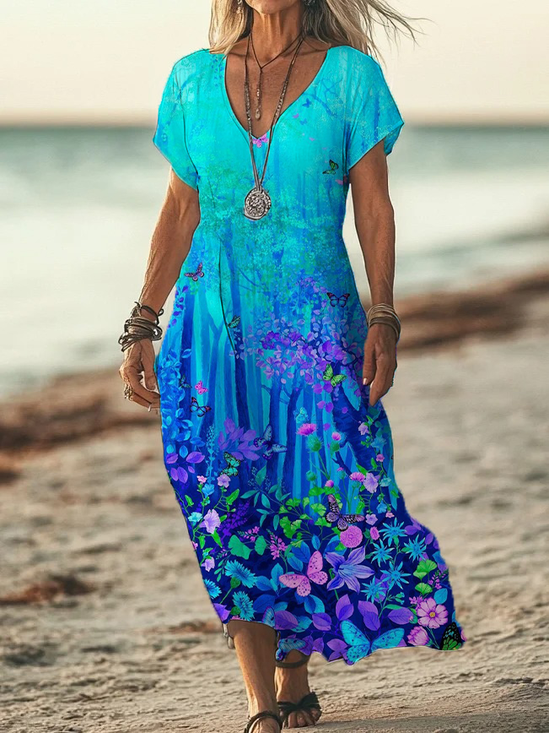 Women Floral Short Sleeve Summer Printing Dress V Neck Daily Casual Maxi X-Line Dress