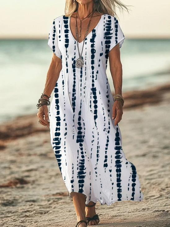 Women Striped Short Sleeve Summer Printing Dress V Neck Daily Casual Maxi X-Line Dress