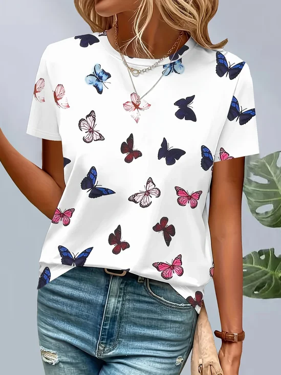 Women Butterfly Short Sleeve Tee T-shirt Crew Neck Printing Casual Summer Graphic Tee Top