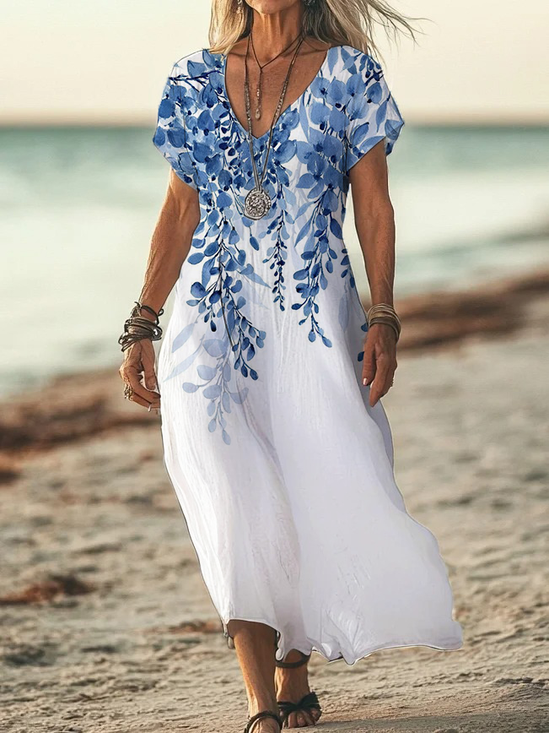 Women Floral Short Sleeve Summer Printing Dress V Neck Daily Casual Maxi X-Line Dress