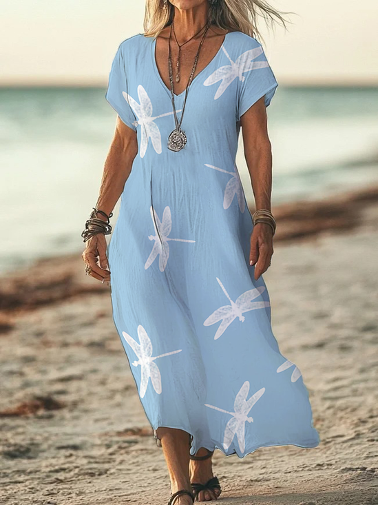 Women Dragonfly Short Sleeve Summer Printing Dress V Neck Daily Casual Maxi X-Line Dress