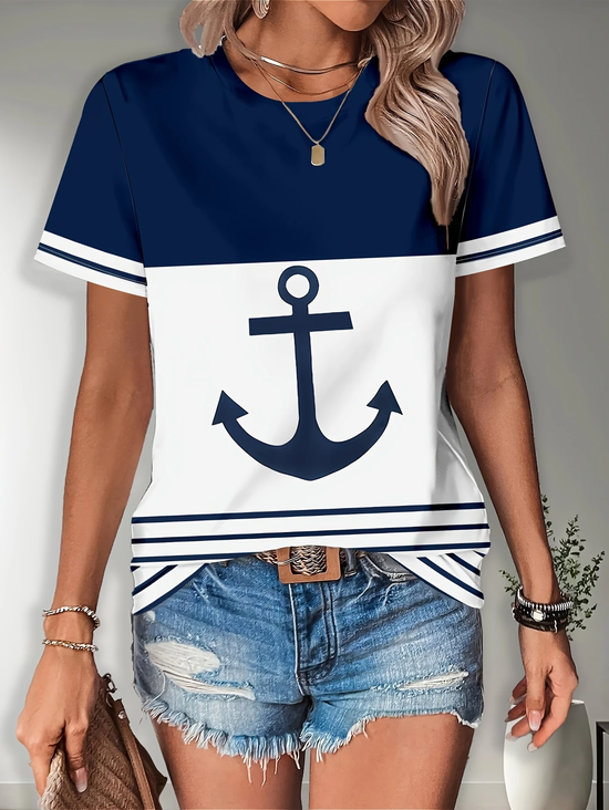 Women Anchor Short Sleeve Tee T-shirt Crew Neck Printing Casual Summer Graphic Tee Top
