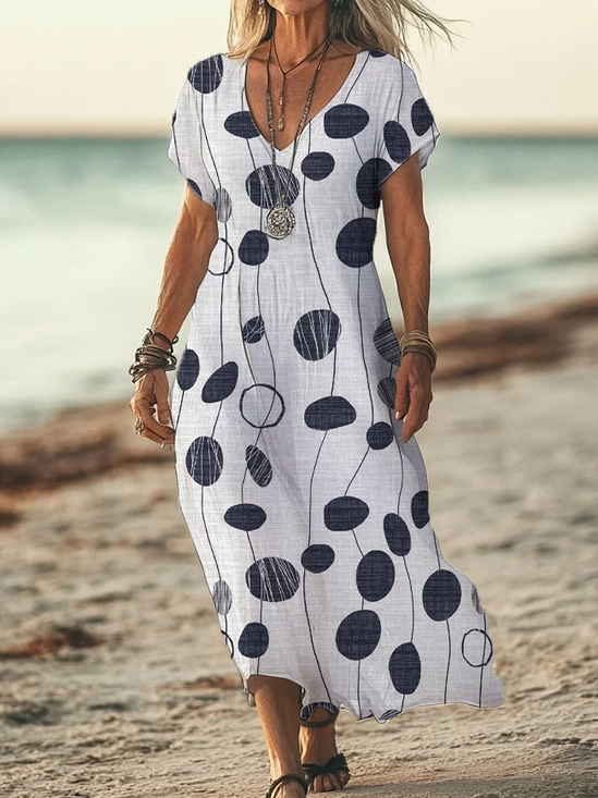 Women Abstract Polka Dots Short Sleeve Summer Printing Dress V Neck Daily Casual Maxi X-Line Dress