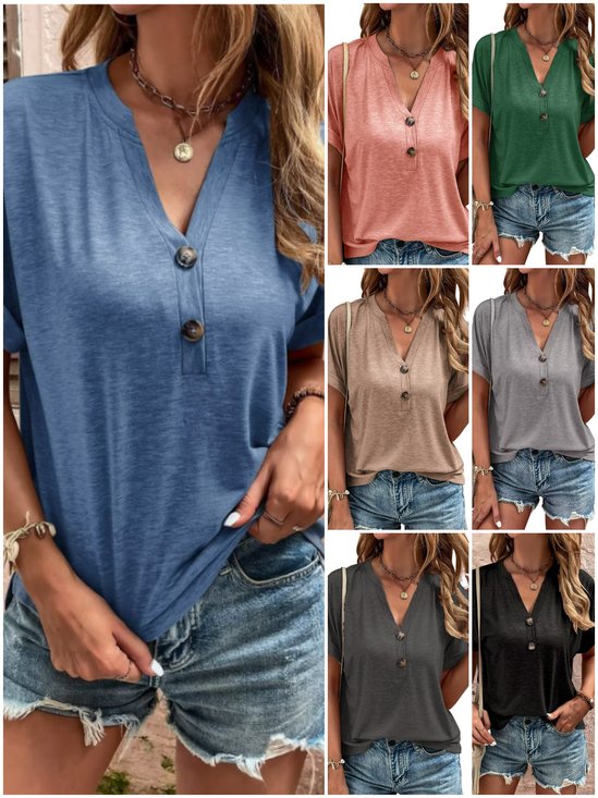 Women Plain Short Sleeve Tee T-shirt V Neck Casual Summer Top