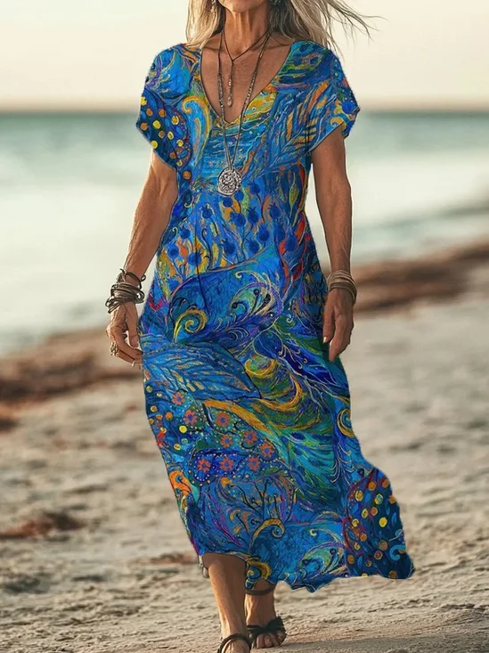 Women Abstract Short Sleeve Summer Printing Dress V Neck Daily Casual Maxi X-Line Dress