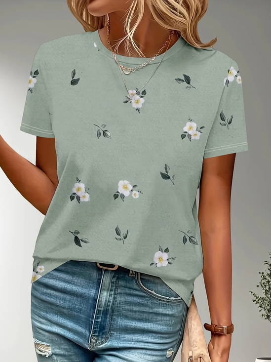 Women Floral Short Sleeve Tee T-shirt Crew Neck Printing Casual Summer Graphic Tee Top