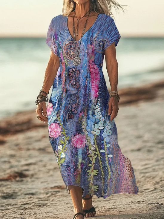 Women Floral Short Sleeve Summer Printing Dress V Neck Daily Casual Maxi X-Line Dress