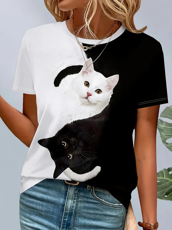 Women Cat Short Sleeve Tee T-shirt Crew Neck Printing Casual Summer Graphic Tee Top