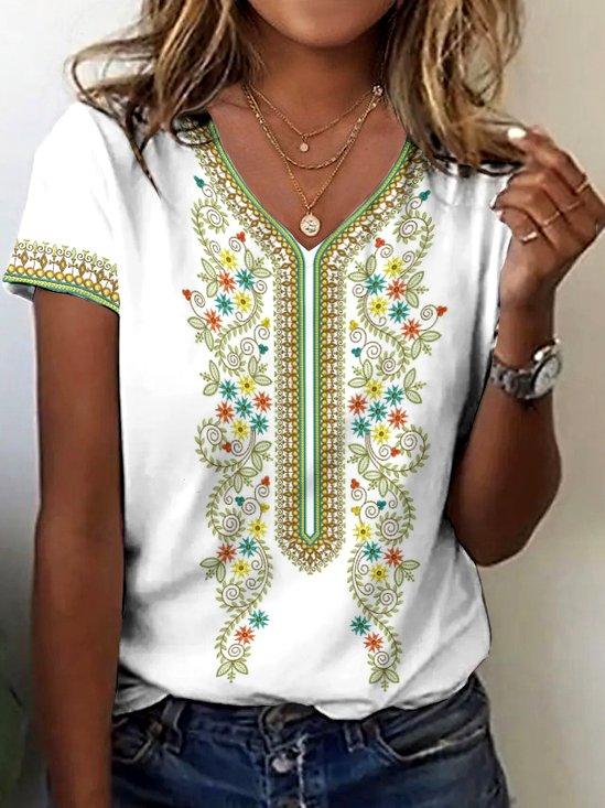 Women Floral Short Sleeve Tee T-shirt V Neck Casual Summer Top