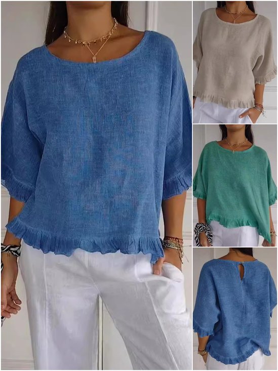 Women Plain Three Quarter Sleeve Tee T-shirt Crew Neck Casual Spring/Fall Top