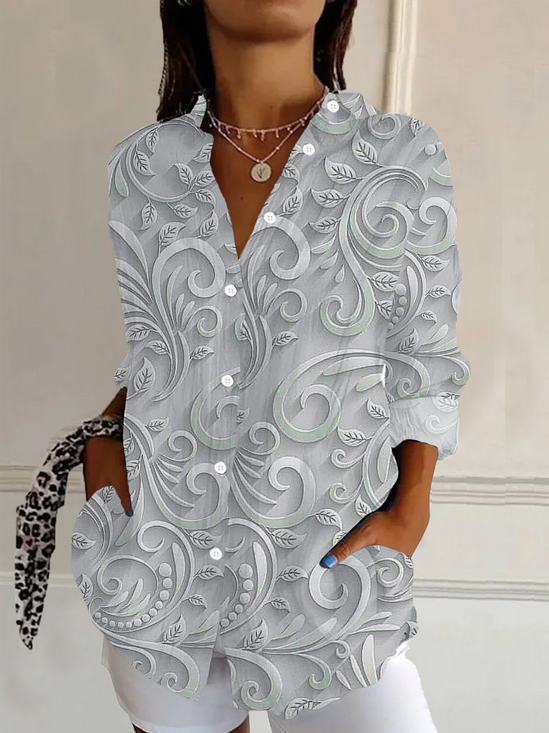 Women Floral Long Sleeve Shirt Spring/Fall Buckle Shirt Collar Daily Casual Top