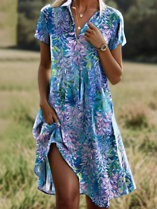 Women Floral Short Sleeve Summer Dress Shirt Collar Daily Casual Midi A-Line Dress