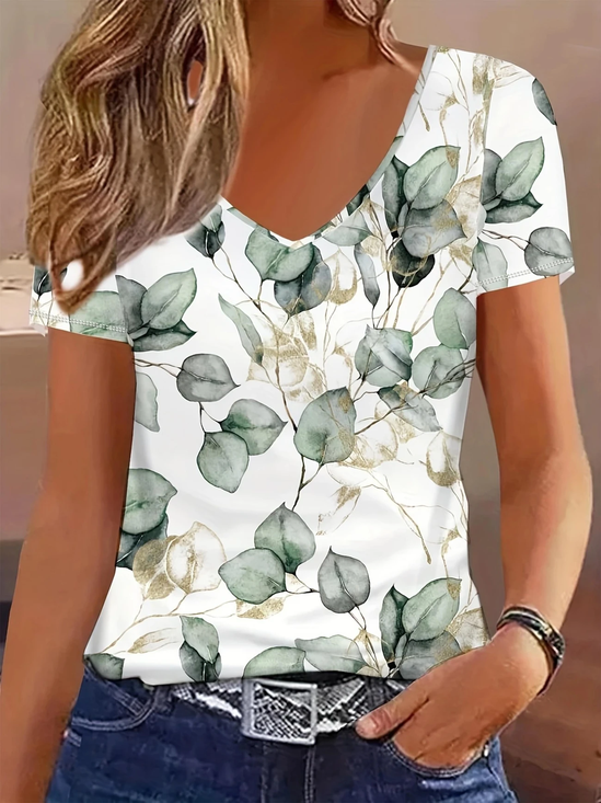 Women Floral Short Sleeve Tee T-shirt V Neck Printing Casual Summer Graphic Tee Top