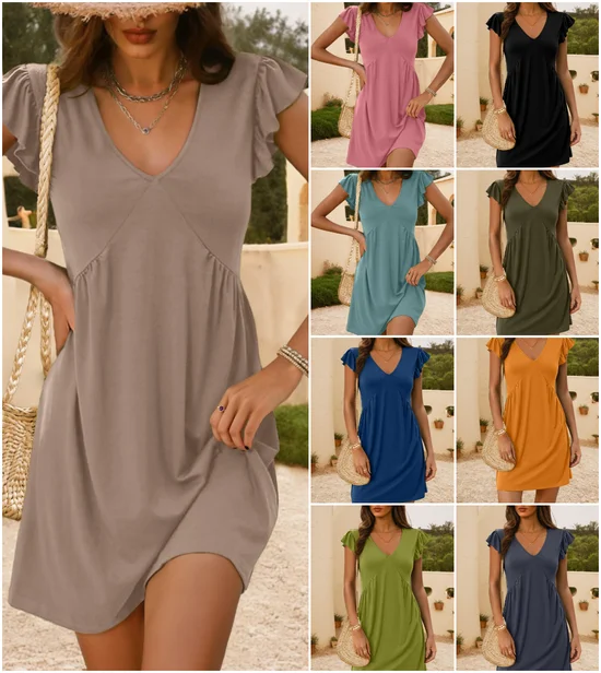 Women Plain Short Sleeve Summer Dress V Neck Daily Casual Knee Length Ruffle Skirt A-Line Dress