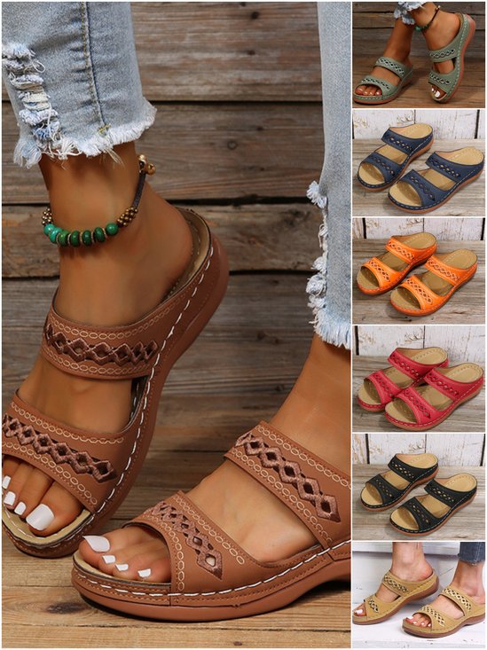Women Retro Non-Slip Round Toe Comfortable Flat Sandals Casual Daily Slippers
