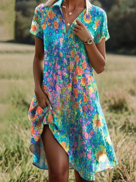 Women Floral Short Sleeve Summer Dress Shirt Collar Daily Casual Midi A-Line Dress