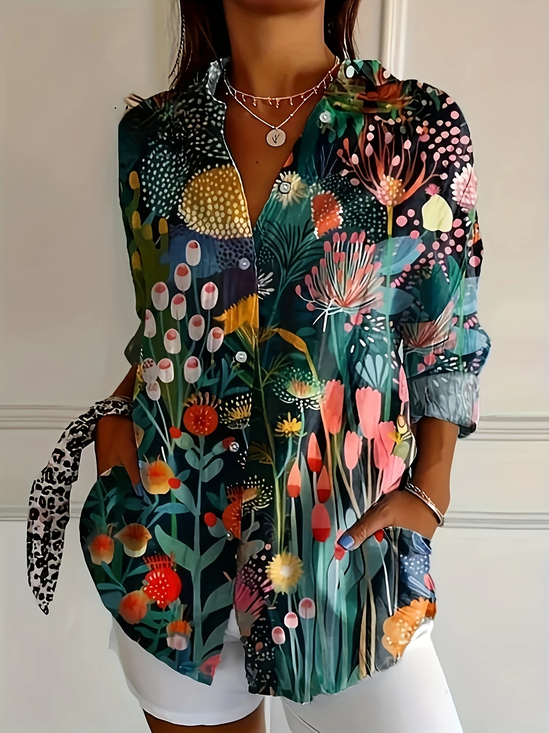 Women Floral Long Sleeve Shirt Spring/Fall Buckle Shirt Collar Daily Casual Top