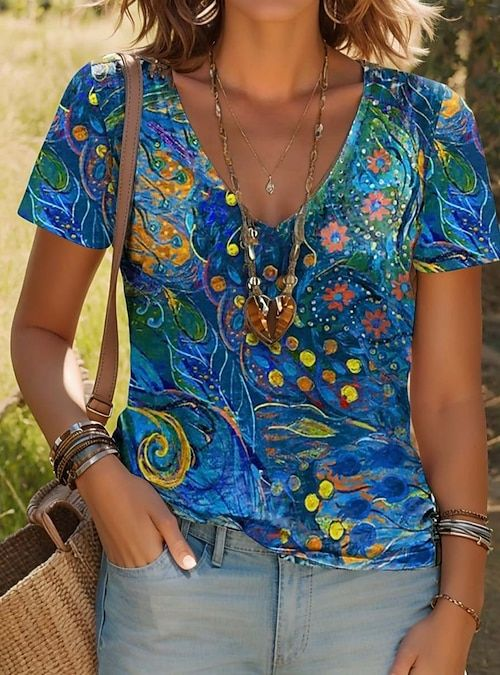 Women Abstract Short Sleeve Tee T-shirt V Neck Printing Casual Summer Graphic Tee Top