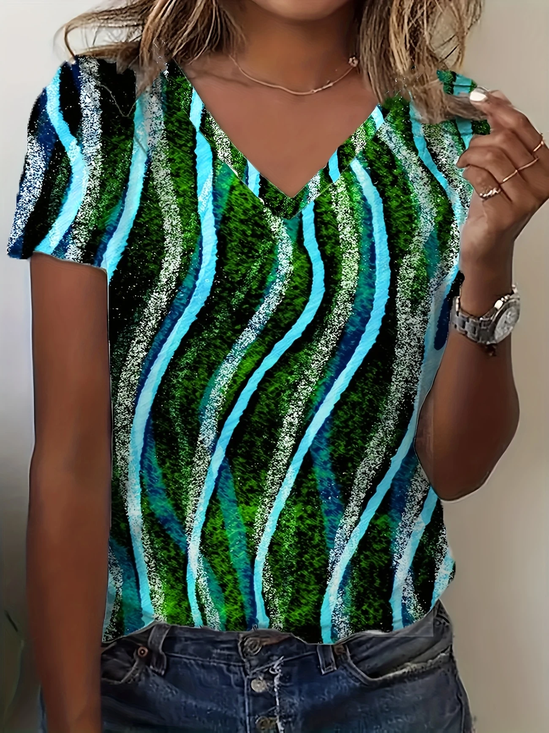 Women Abstract Short Sleeve Tee T-shirt V Neck Printing Casual Summer Graphic Tee Top