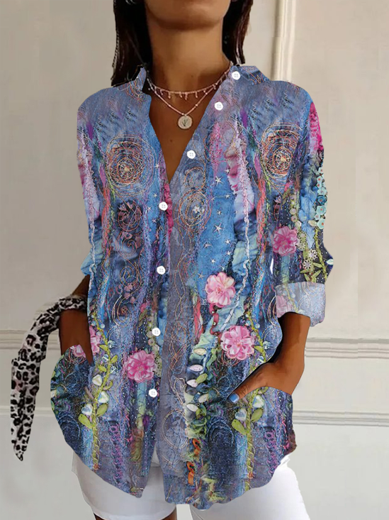 Women Floral Long Sleeve Shirt Spring/Fall Buckle Shirt Collar Daily Casual Top