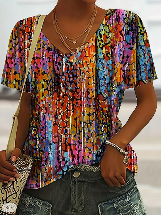 Women Abstract Short Sleeve Tee T-shirt V Neck Printing Casual Summer Graphic Tee Top
