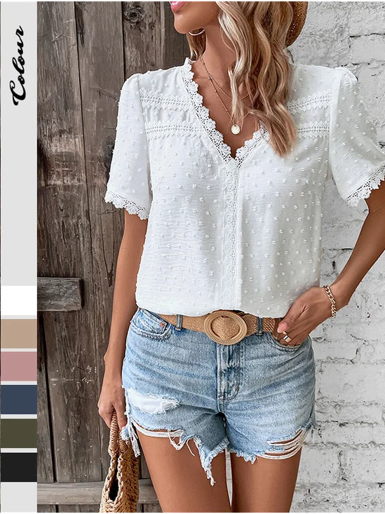 Women Polka Dots Short Sleeve Shirt Summer V Neck Daily Casual Top