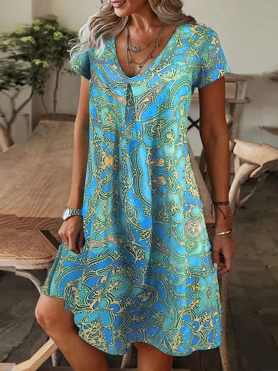 Women Floral Short Sleeve Summer Printing Dress V Neck Daily Casual Knee Length T-Shirt Dress H-Line Dress