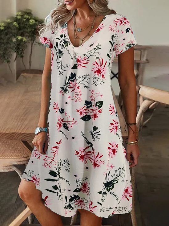 Women Floral Short Sleeve Summer Printing Dress V Neck Daily Casual Knee Length T-Shirt Dress H-Line Dress