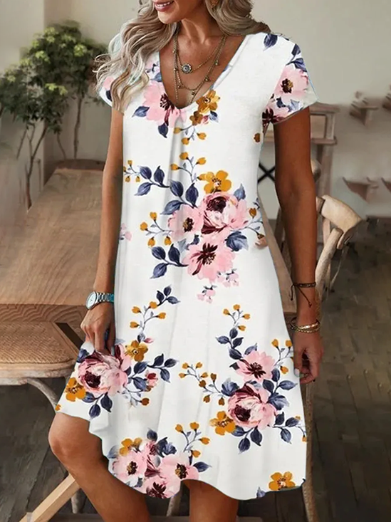 Women Floral Short Sleeve Summer Printing Dress V Neck Daily Casual Knee Length T-Shirt Dress H-Line Dress