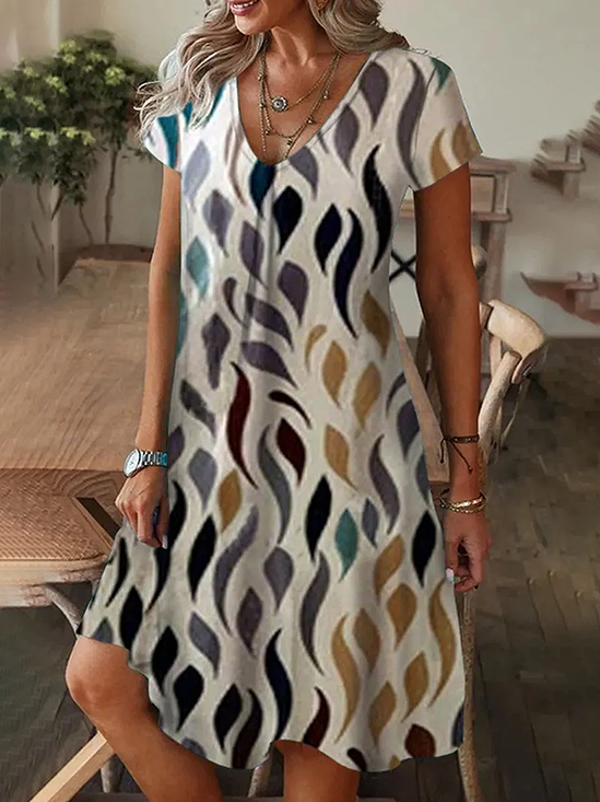 Women Abstract Short Sleeve Summer Printing Dress V Neck Daily Casual Knee Length T-Shirt Dress H-Line Dress