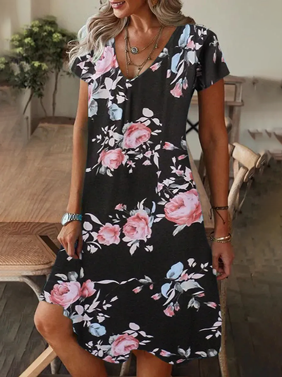 Women Floral Short Sleeve Summer Printing Dress V Neck Daily Casual Knee Length T-Shirt Dress H-Line Dress