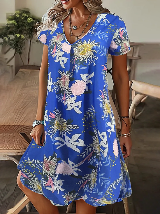 Women Floral Short Sleeve Summer Printing Dress V Neck Daily Casual Knee Length T-Shirt Dress H-Line Dress