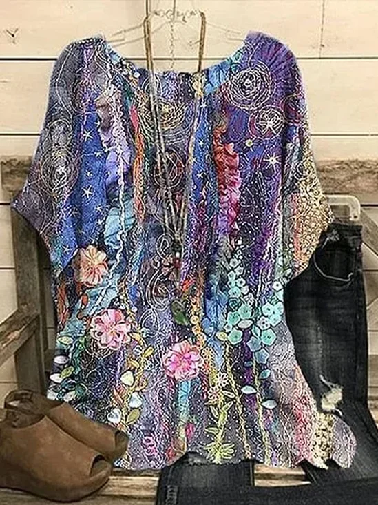 Women Floral Short Sleeve Tee T-shirt Crew Neck Printing Casual Summer Graphic Tee Top
