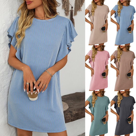 Women Striped Short Sleeve Ruffled Summer Printing Dress Crew Neck Daily Casual Mini T-Shirt Dress H-Line Dress