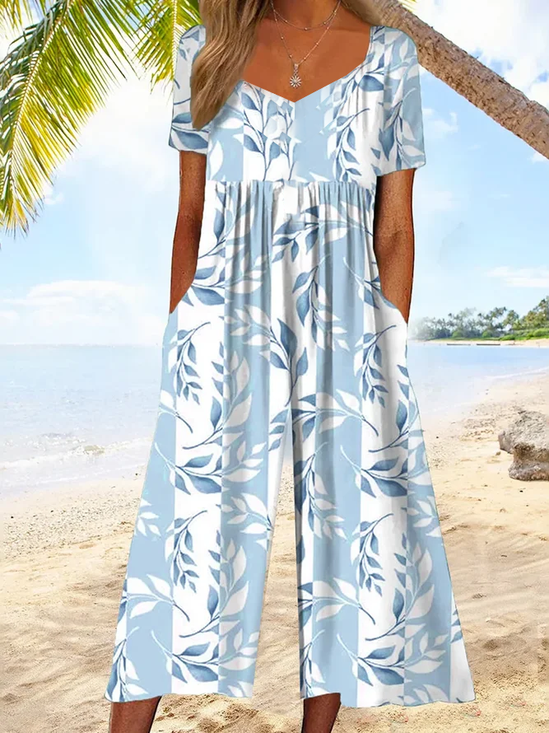 Women Floral V Neck Half Sleeve Casual Summer Jumpsuit