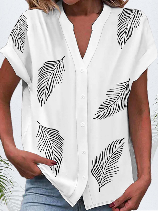 Women Feather Short Sleeve Shirt Summer Buckle V Neck Daily Casual Top