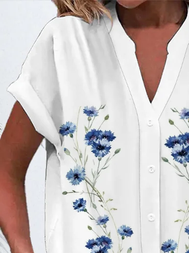 Women Floral Short Sleeve Shirt Summer Buckle V Neck Daily Casual Top