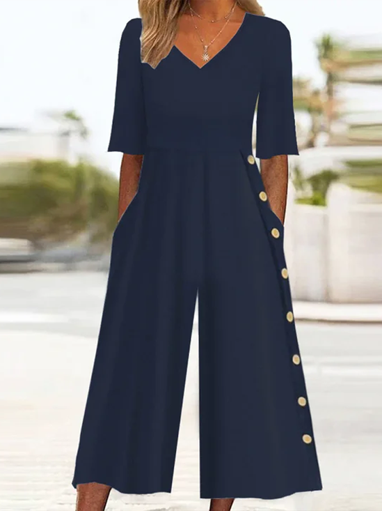 Women Plain V Neck Half Sleeve Casual Summer Jumpsuit