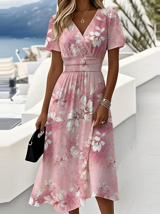 Women Floral Short Sleeve Summer Dress V Neck Daily Casual Maxi Beach Dress A-Line Dress