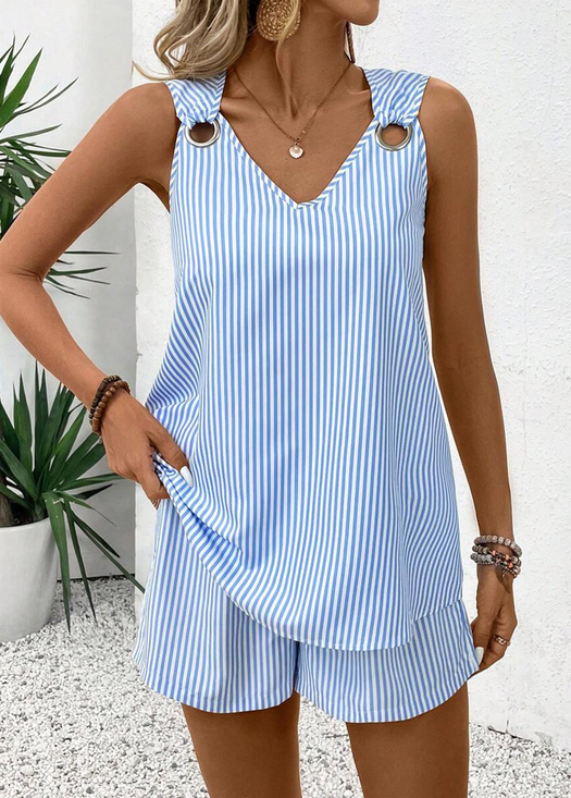 Women Striped Two-Piece Set Daily Sleeveless Casual Summer Short Sets Matching Set