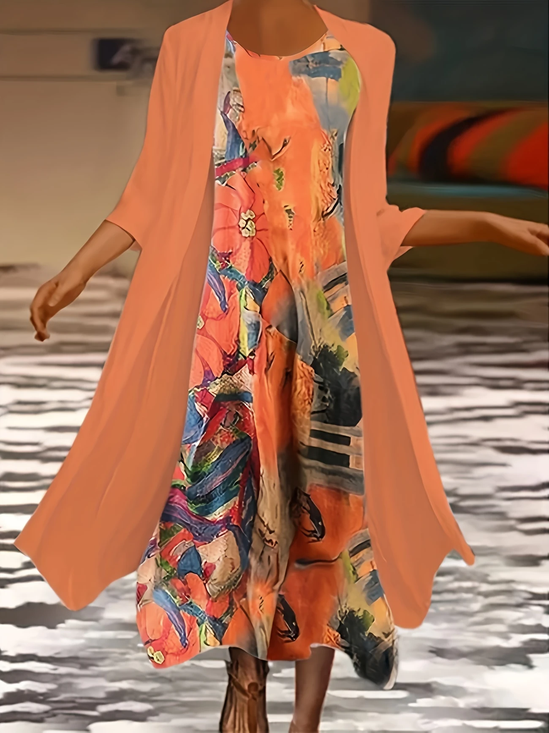 Women Abstract Printing Two-Piece Set Daily Three Quarter Sleeve Casual Spring/Fall Dress With Coat Matching Set