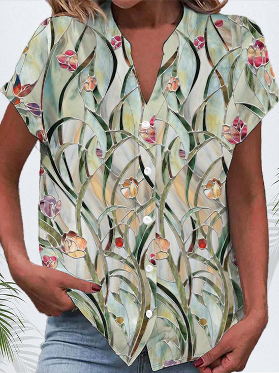 Women Floral Short Sleeve Shirt Summer Buckle V Neck Daily Casual Top