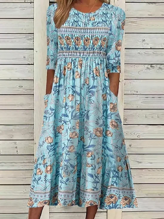 Women Floral Half Sleeve Summer Printing Dress Crew Neck Daily Casual Maxi A-Line Dress